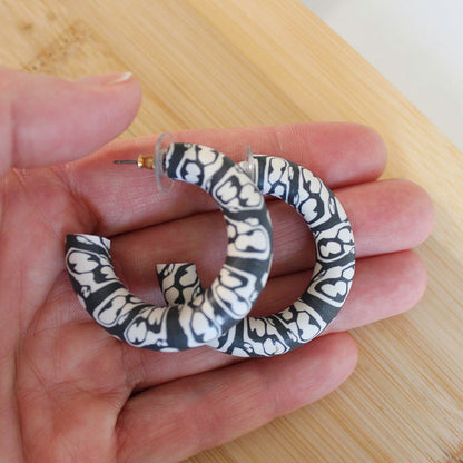 LARGE Polymer Clay Printed hoop earrings - Charcoal Grey and Cream-Jewellery-www.Shopthatapp.com-Alma Rosa Jewelry