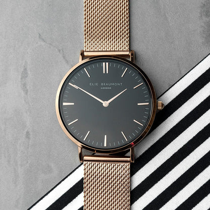 Stunning Rose Gold Mesh Strapped Watch With Black Dial Personalised - www.Shopthatapp.com