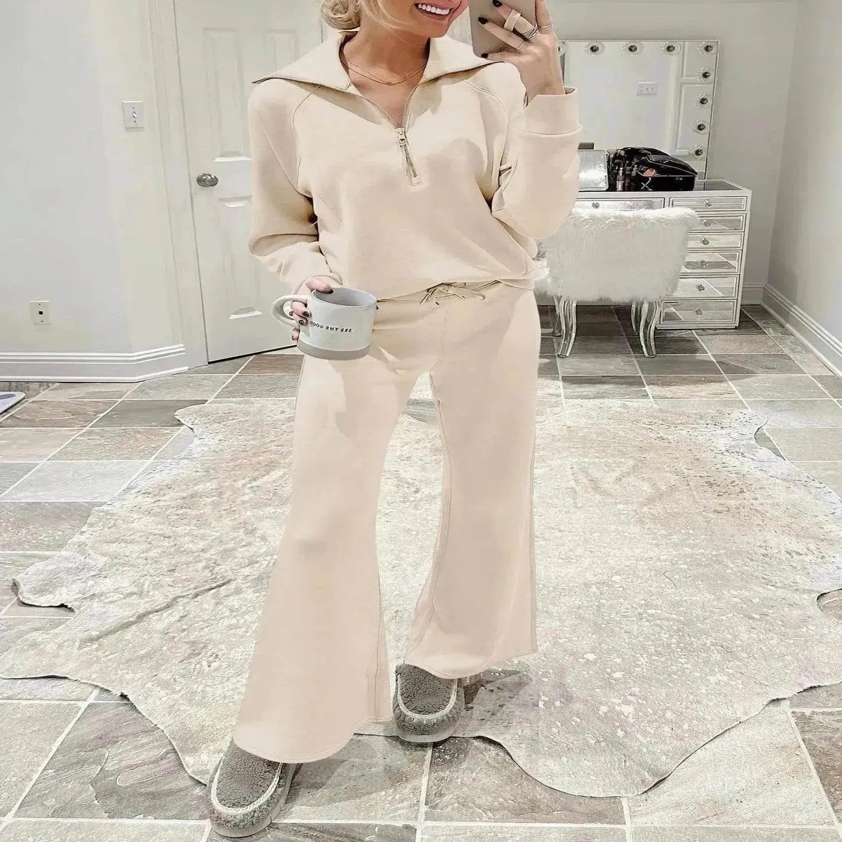 Leisure Sports Suit Long-sleeve Zipper Sweatshirt Wide Leg Pants Two-piece Set - www.Shopthatapp.com