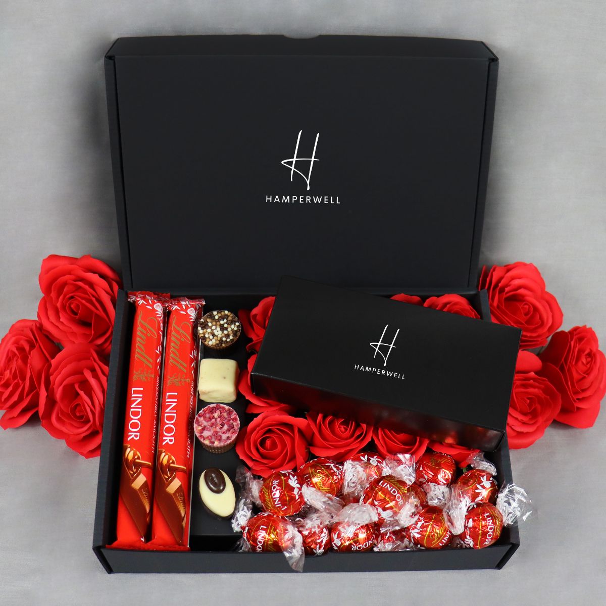 Lindt Lindor Ultimate Gift Hamper With Red Roses-Food and beverage-www.Shopthatapp.com-HamperWell