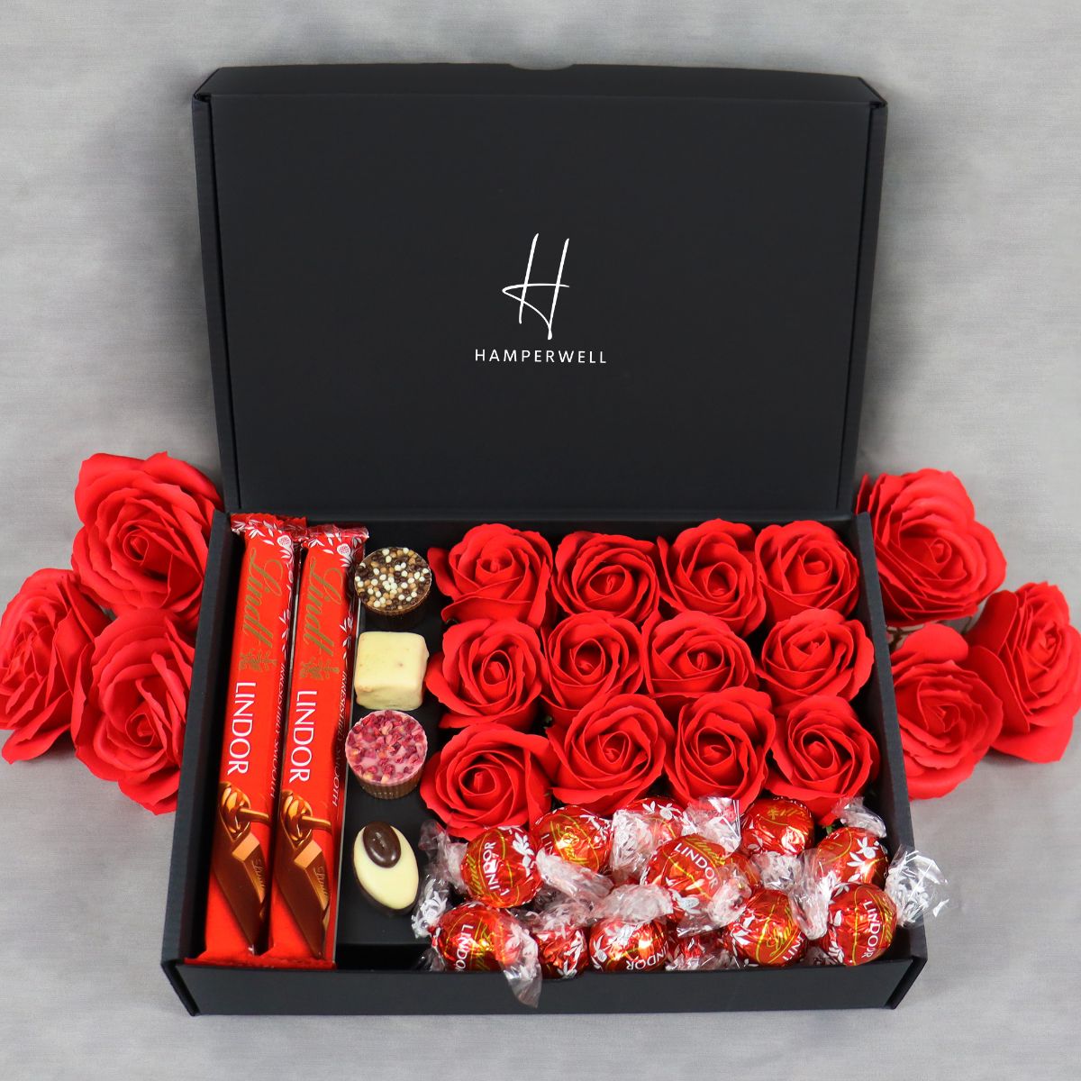 Lindt Lindor Ultimate Gift Hamper With Red Roses-Food and beverage-www.Shopthatapp.com-HamperWell