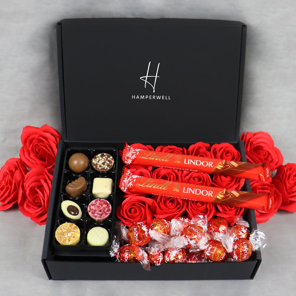 Lindt Lindor Ultimate Gift Hamper With Red Roses-Food and beverage-www.Shopthatapp.com-HamperWell