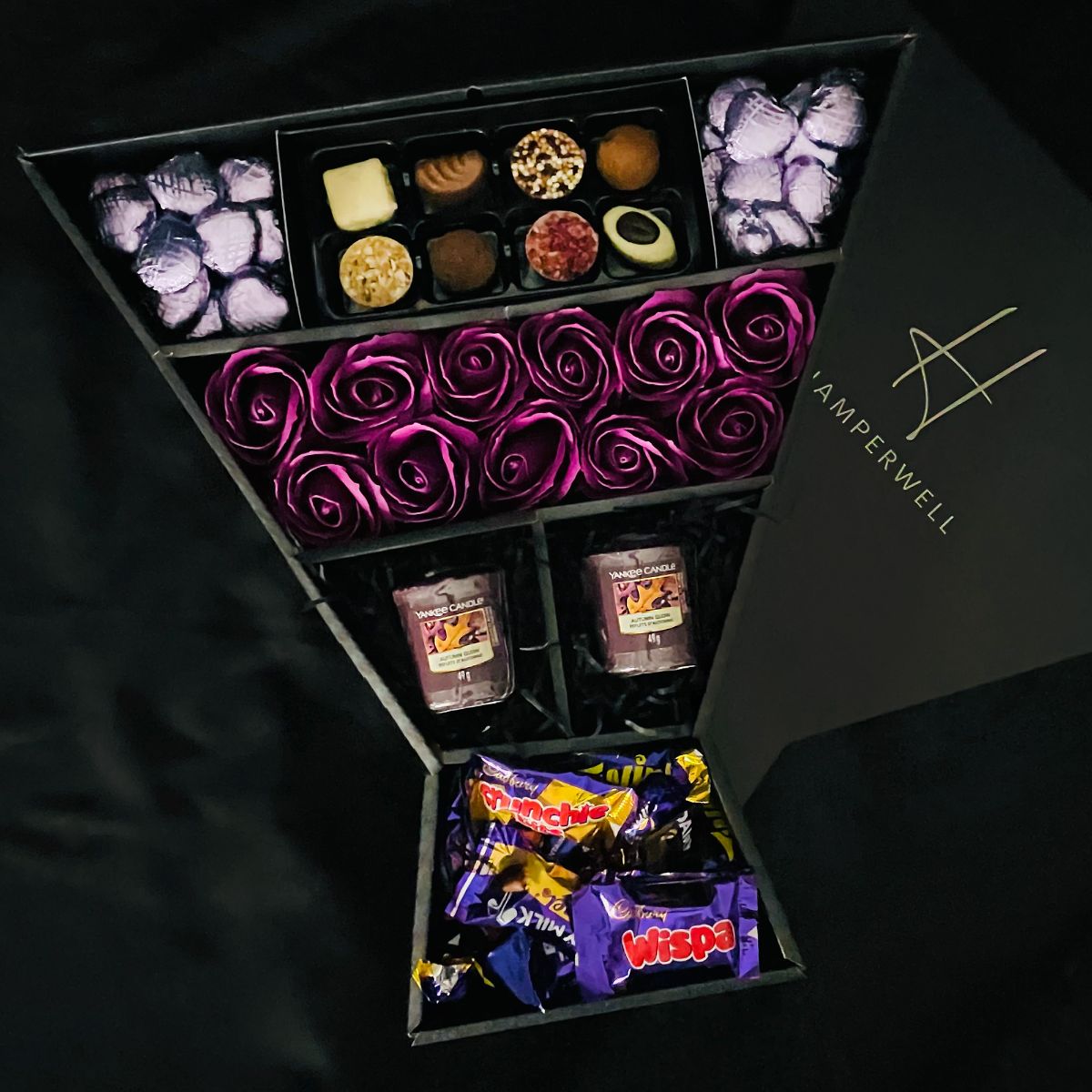 Cadbury Heroes & Yankee Candle Signature Chocolate Bouquet With Purple Roses-Food and beverage-www.Shopthatapp.com-HamperWell