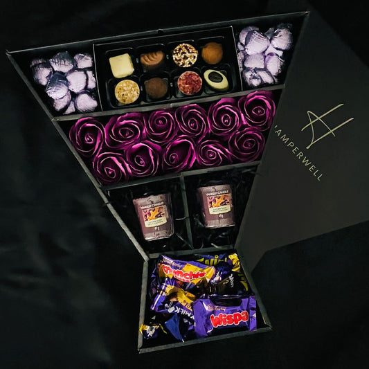 Cadbury Heroes & Yankee Candle Signature Chocolate Bouquet With Purple Roses-Food and beverage-www.Shopthatapp.com-HamperWell