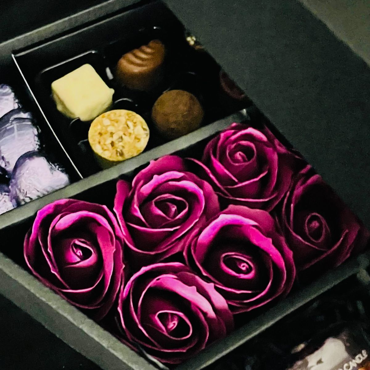 Cadbury Heroes & Yankee Candle Signature Chocolate Bouquet With Purple Roses-Food and beverage-www.Shopthatapp.com-HamperWell
