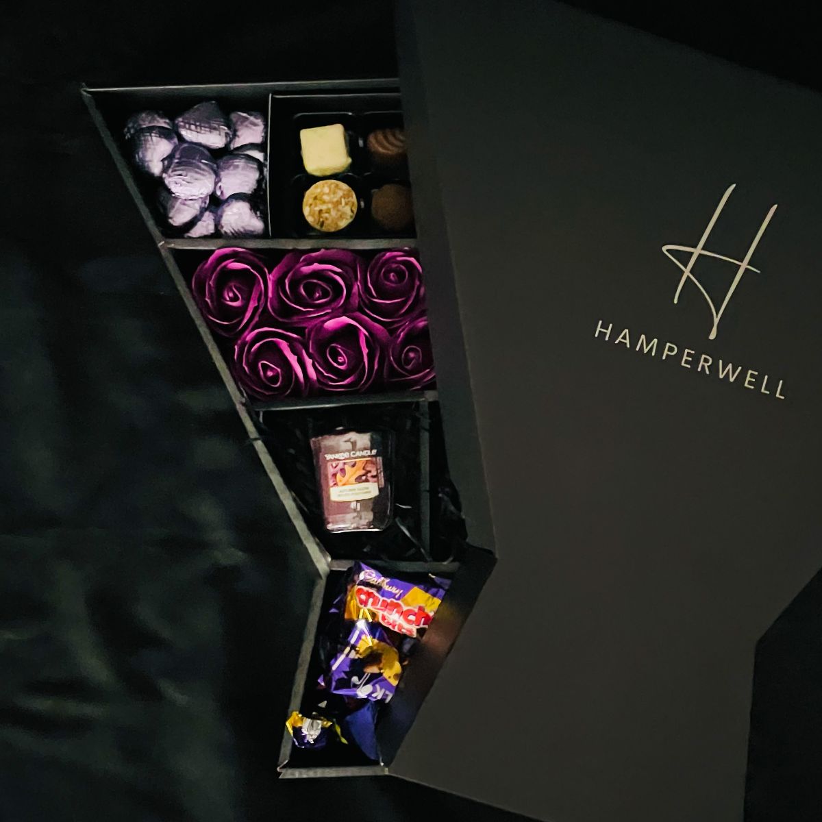 Cadbury Heroes & Yankee Candle Signature Chocolate Bouquet With Purple Roses-Food and beverage-www.Shopthatapp.com-HamperWell