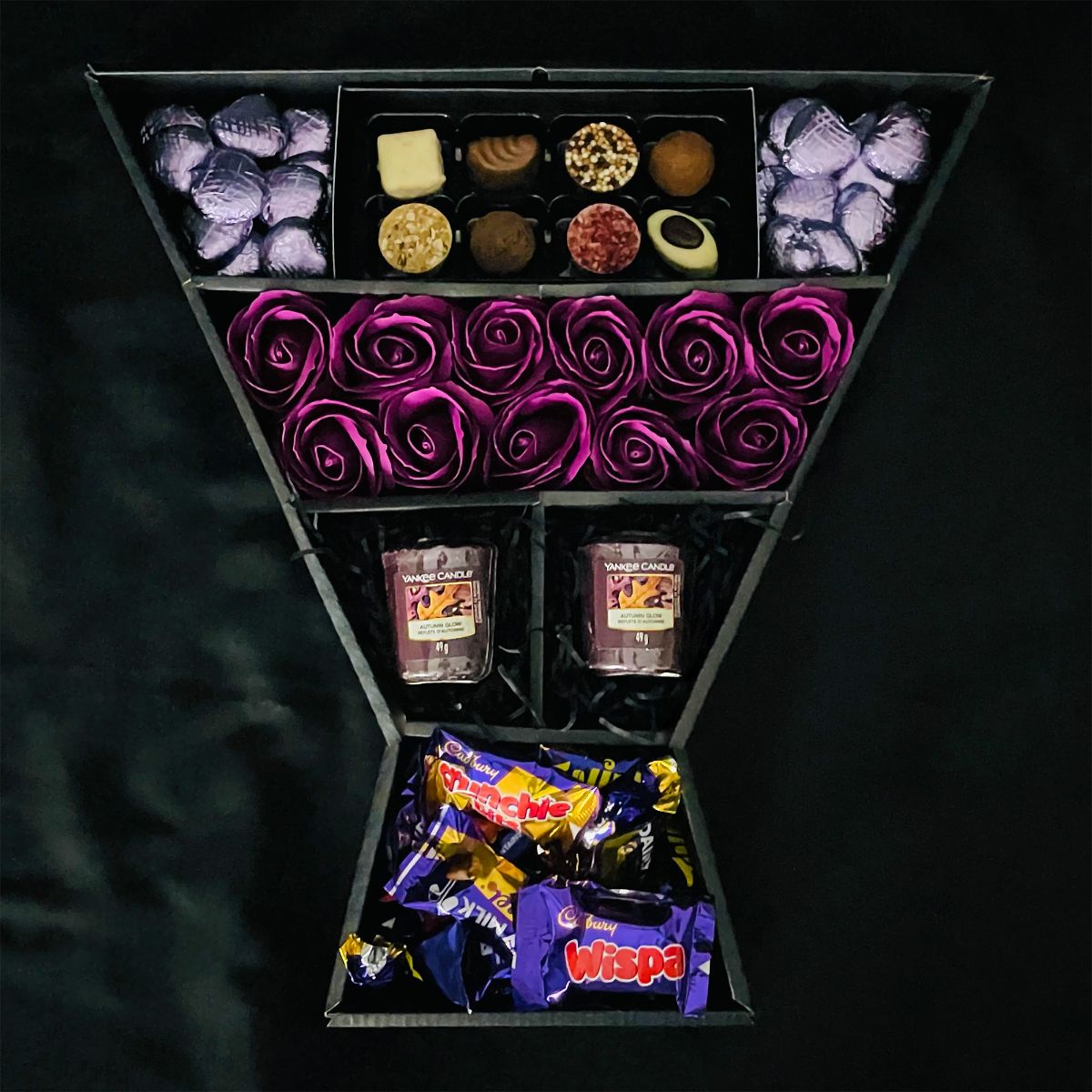 Cadbury Heroes & Yankee Candle Signature Chocolate Bouquet With Purple Roses-Food and beverage-www.Shopthatapp.com-HamperWell
