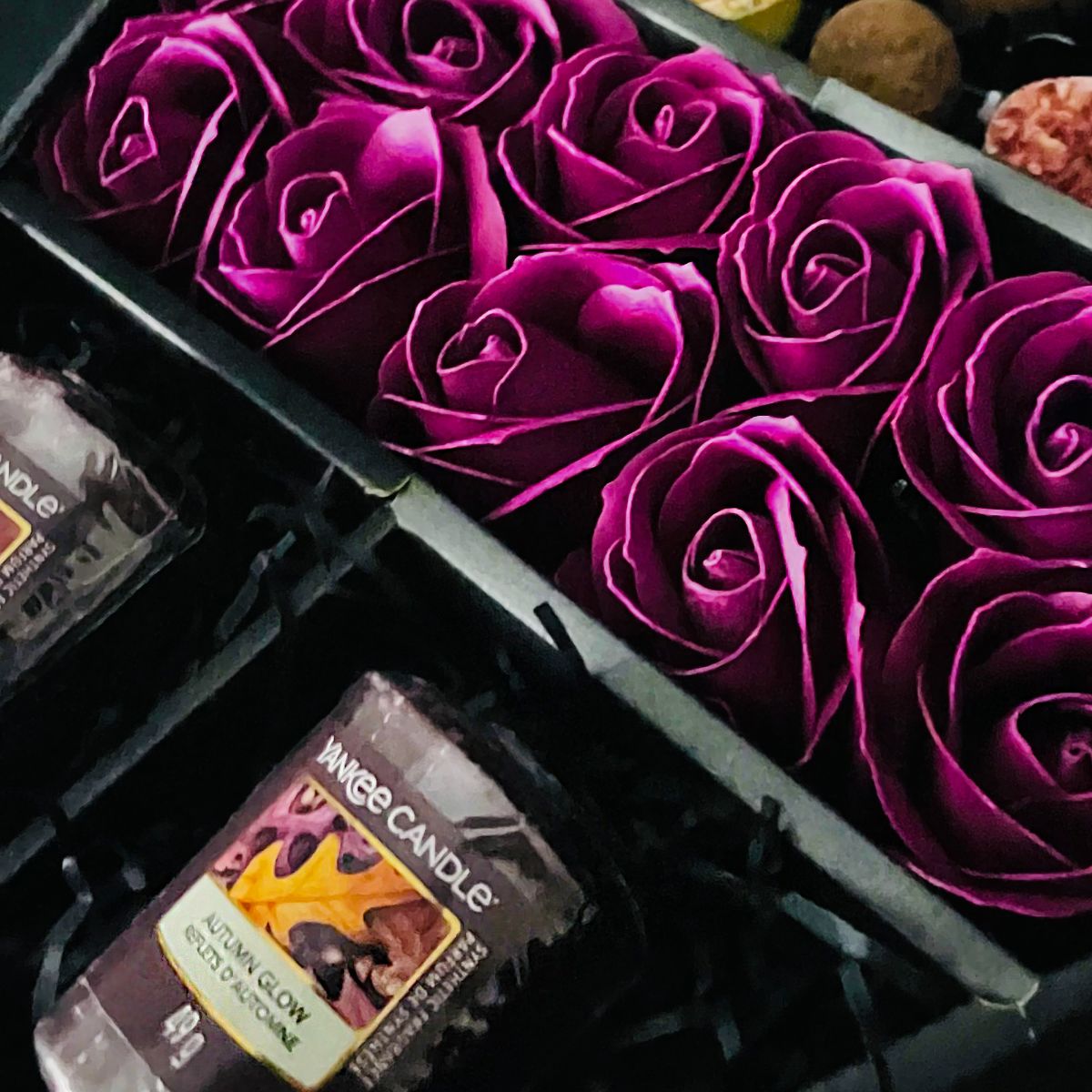 Cadbury Heroes & Yankee Candle Signature Chocolate Bouquet With Purple Roses-Food and beverage-www.Shopthatapp.com-HamperWell