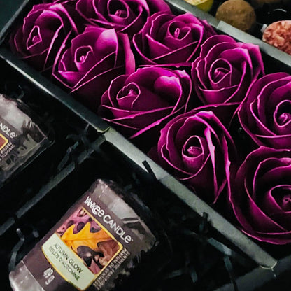 Cadbury Heroes & Yankee Candle Signature Chocolate Bouquet With Purple Roses-Food and beverage-www.Shopthatapp.com-HamperWell
