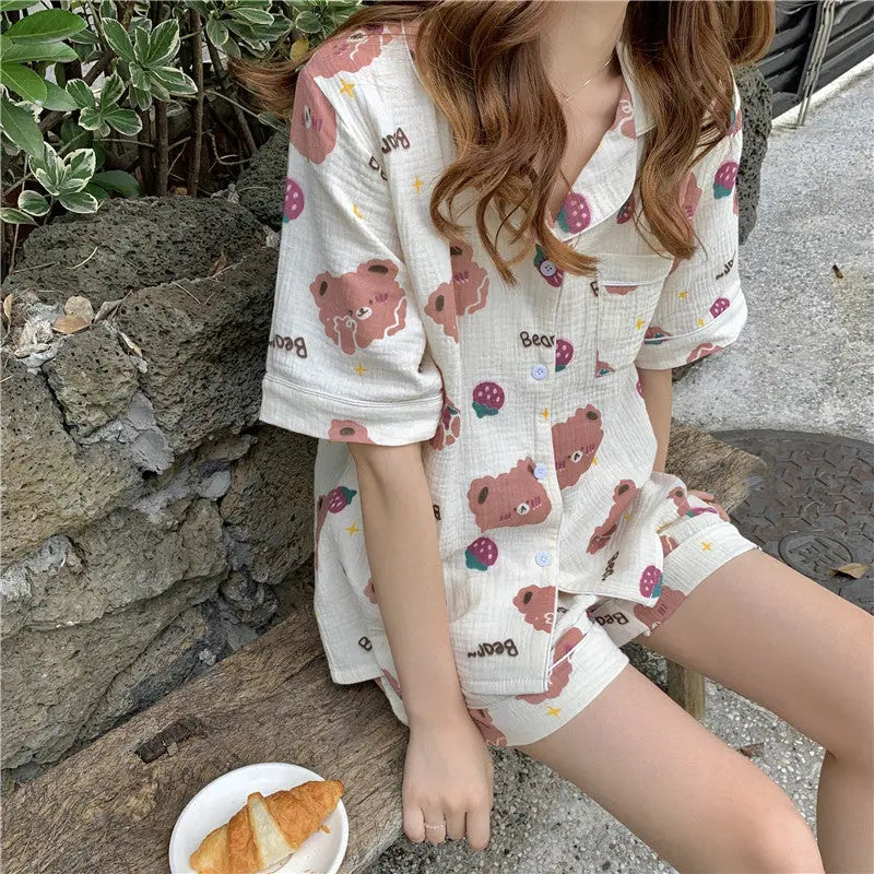 Little Bear Strawberry Print Short Sleeve Shorts Women Pajamas Sleep and Lounge wear - www.Shopthatapp.com