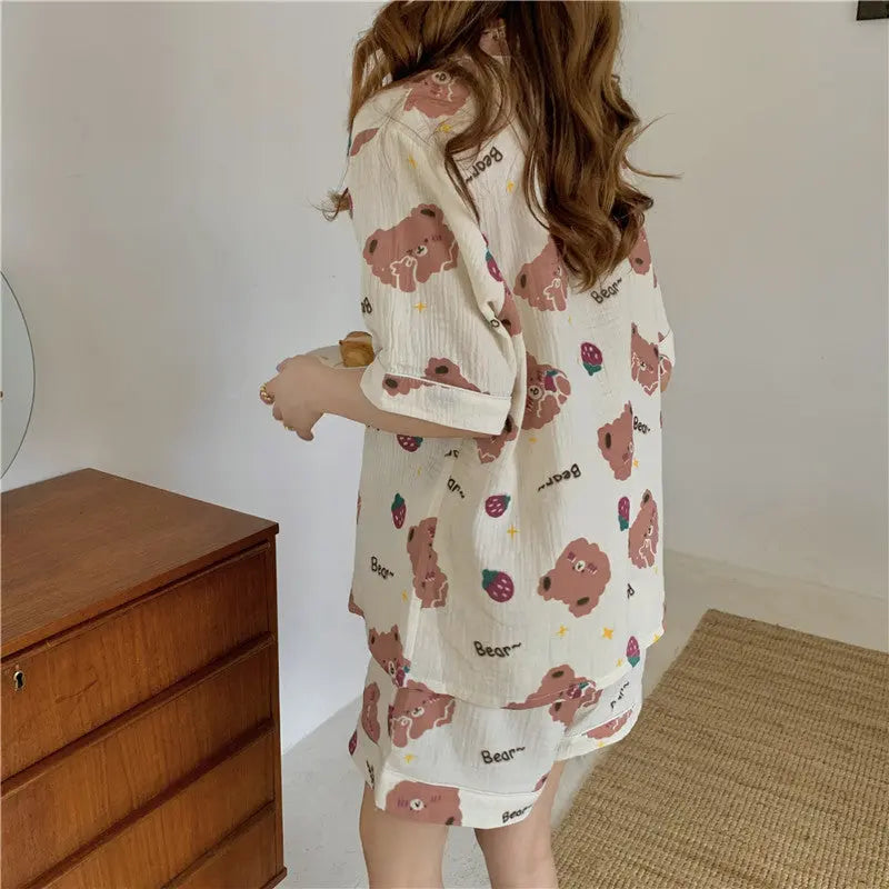 Little Bear Strawberry Print Short Sleeve Shorts Women Pajamas Sleep and Lounge wear - www.Shopthatapp.com