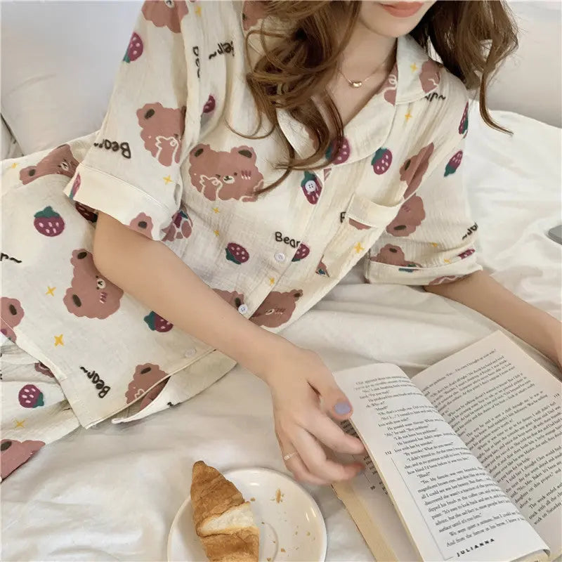 Little Bear Strawberry Print Short Sleeve Shorts Women Pajamas Sleep and Lounge wear - www.Shopthatapp.com