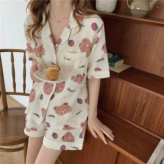 Little Bear Strawberry Print Short Sleeve Shorts Women Pajamas Sleep and Lounge wear - www.Shopthatapp.com #