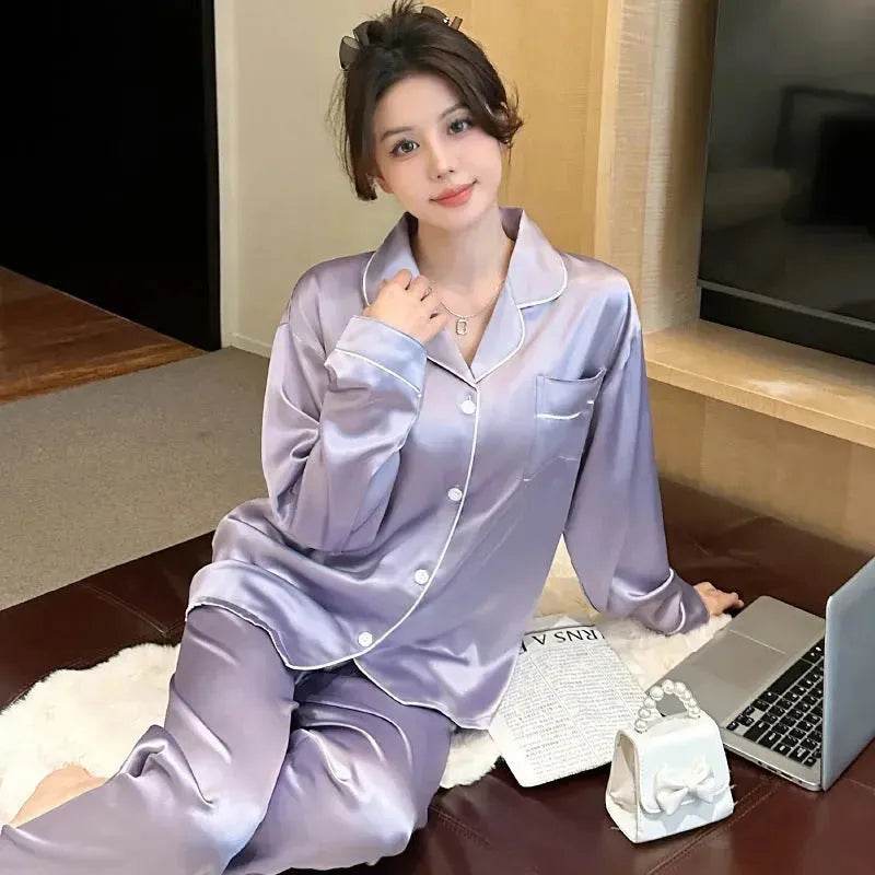 Long sleeve Silk Pajamas for women 2pcs - www.Shopthatapp.com #