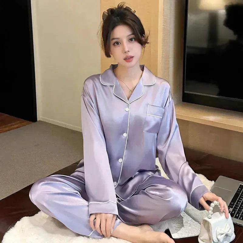 Long sleeve Silk Pajamas for women 2pcs - www.Shopthatapp.com #