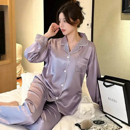 Long sleeve Silk Pajamas for women 2pcs - www.Shopthatapp.com #