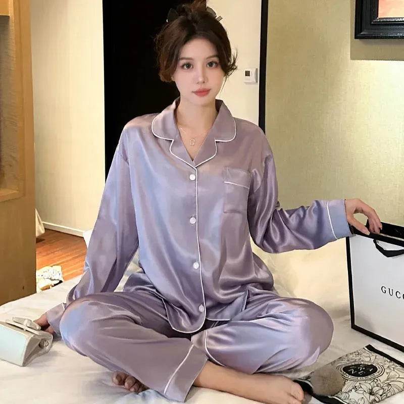 Long sleeve Silk Pajamas for women 2pcs - www.Shopthatapp.com #