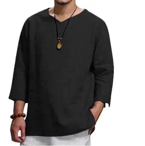 Loose Casual V-neck Top Cotton And Linen Long Sleeve Pullover Shirt Men's Shirt Top - www.Shopthatapp.com #