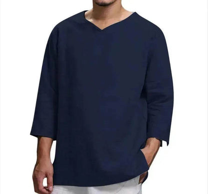 Loose Casual V-neck Top Cotton And Linen Long Sleeve Pullover Shirt Men's Shirt Top - www.Shopthatapp.com #