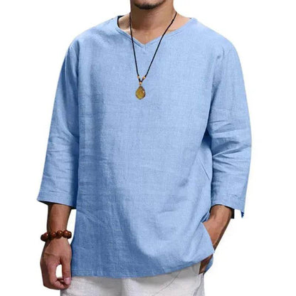 Loose Casual V-neck Top Cotton And Linen Long Sleeve Pullover Shirt Men's Shirt Top - www.Shopthatapp.com #