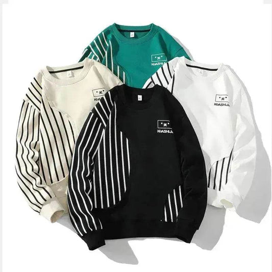 Loose Sports Long-sleeved T-shirt Patchwork Stripes Printed Men's Clothing Round-neck Sweater - www.Shopthatapp.com #