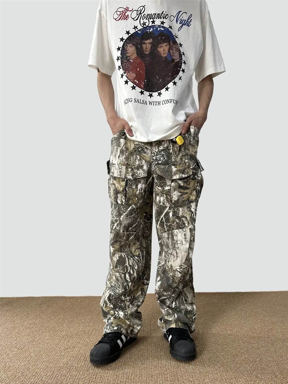 Loose Straight Tree Worn Looking Washed-out Camouflage Printed Cargo pant Men - www.Shopthatapp.com #