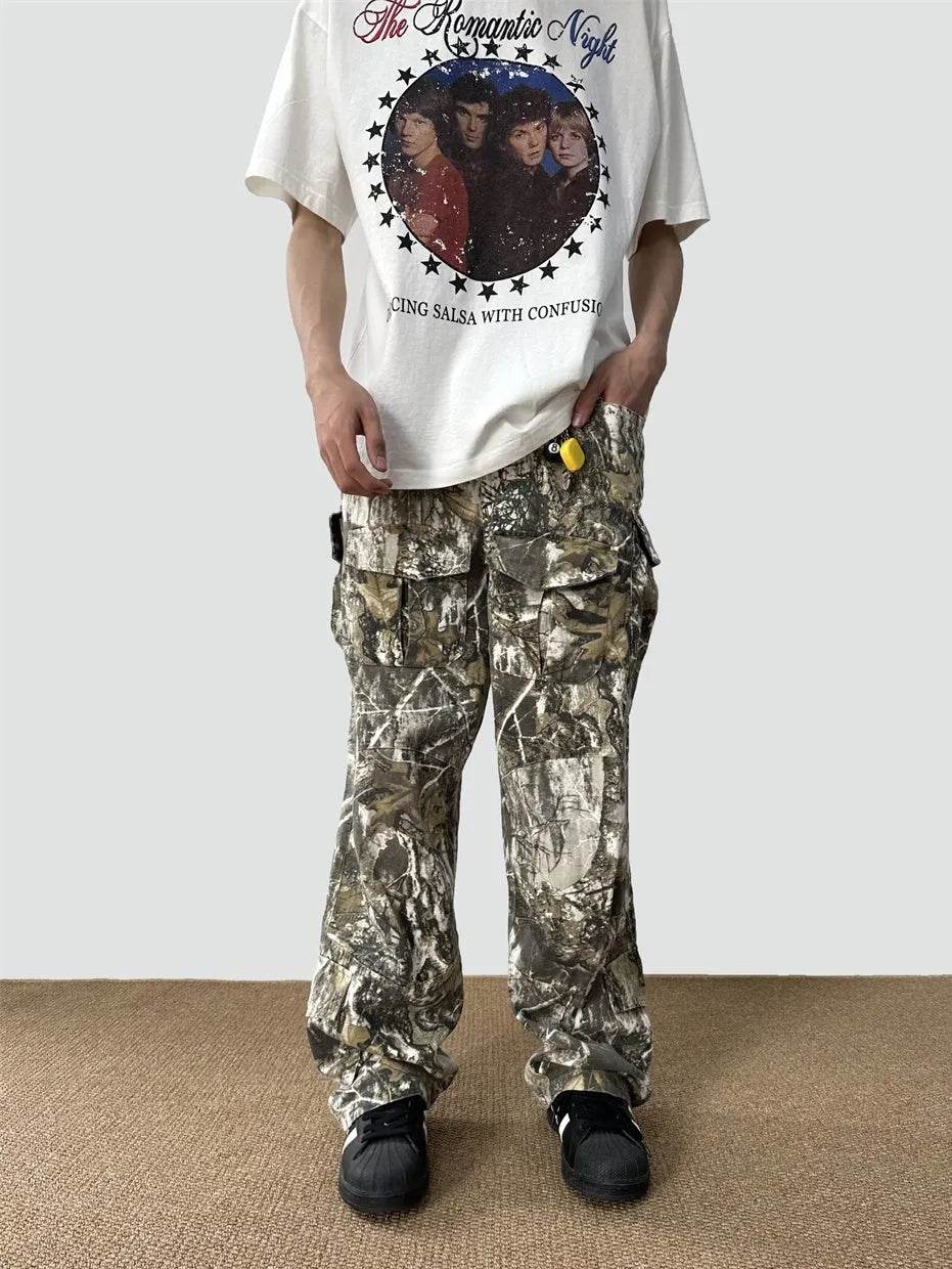Loose Straight Tree Worn Looking Washed-out Camouflage Printed Cargo pant Men - www.Shopthatapp.com #