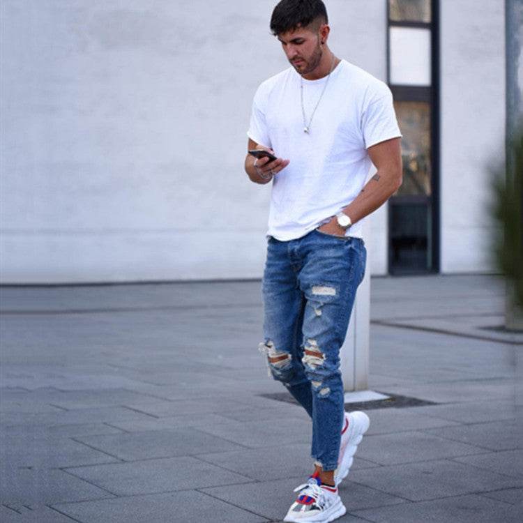 Men Fashion Ripped Hole Denim jeans pant trouser - www.Shopthatapp.com #