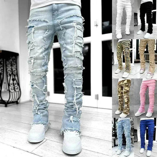 Men Trousers Patched Pants Long Tight Fit Stacked Denim Jeans street fashion - www.Shopthatapp.com #