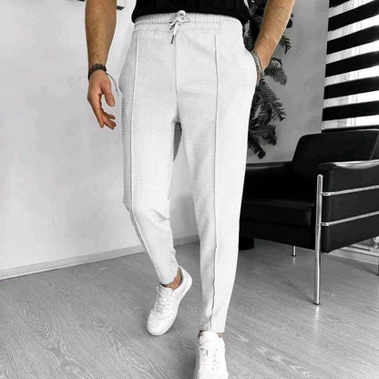 Men's Casual Fashion Waffle High Waist Drawstring Elastic fitted straight leg Pant - www.Shopthatapp.com #