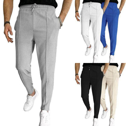 Men's Casual Fashion Waffle High Waist Drawstring Elastic fitted straight leg Pant - www.Shopthatapp.com #