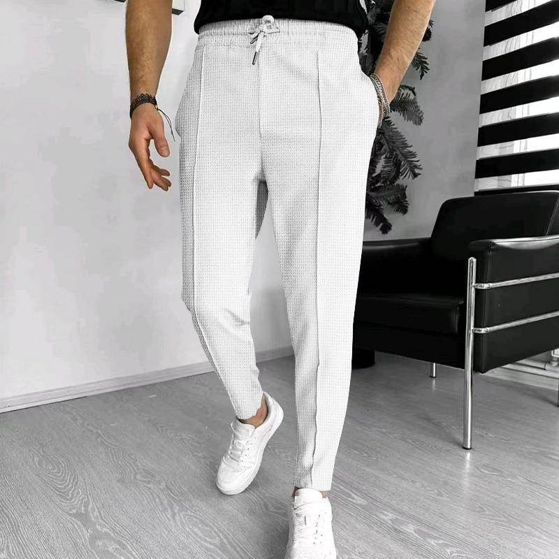 Men's Casual Fashion Waffle High Waist Drawstring Elastic fitted straight leg Pant - www.Shopthatapp.com #