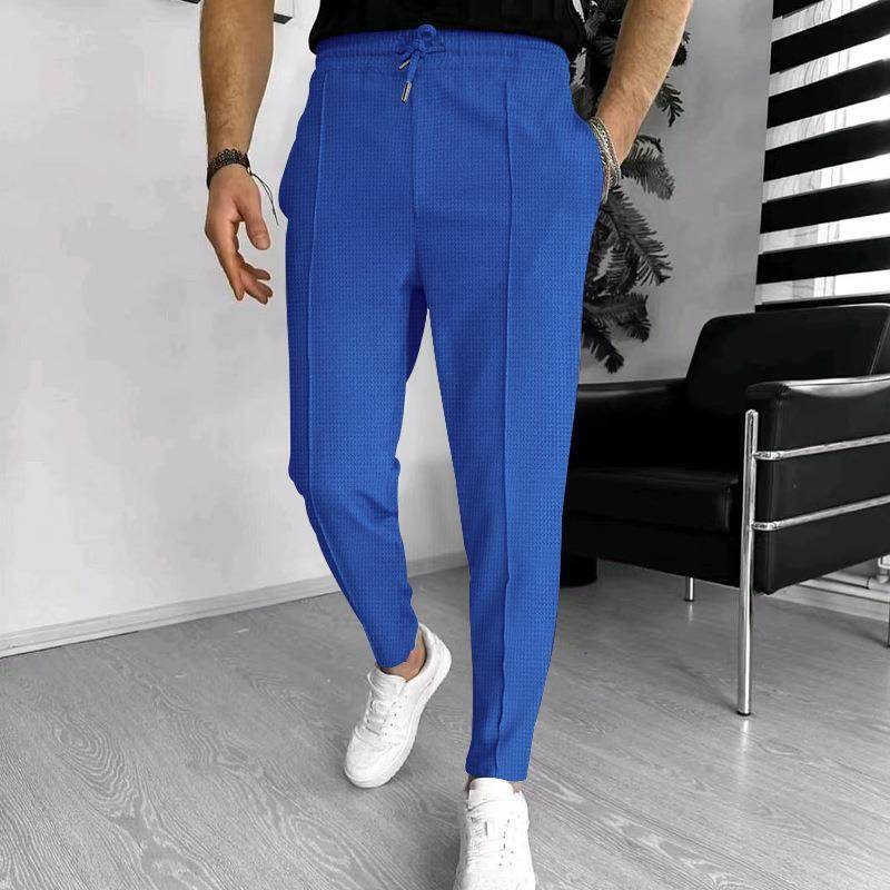 Men's Casual Fashion Waffle High Waist Drawstring Elastic fitted straight leg Pant - www.Shopthatapp.com #