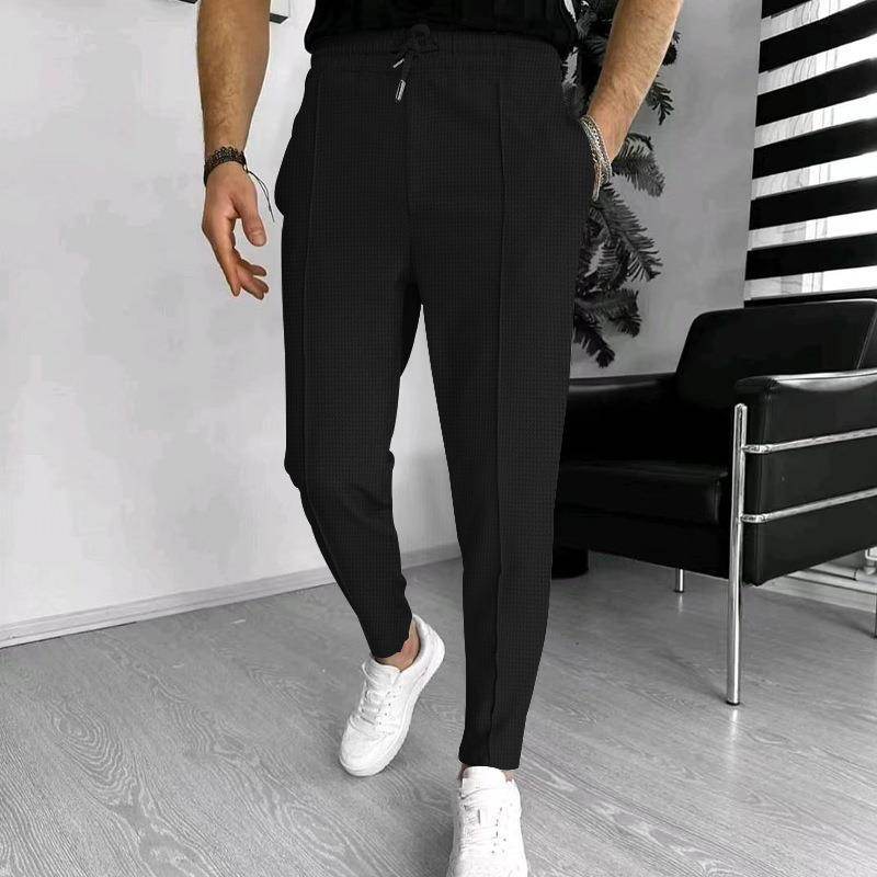Men's Casual Fashion Waffle High Waist Drawstring Elastic fitted straight leg Pant - www.Shopthatapp.com #
