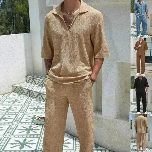 Men's Casual summer 2 piece Pant sets Short sleeved Top and Straight leg pant - www.Shopthatapp.com #