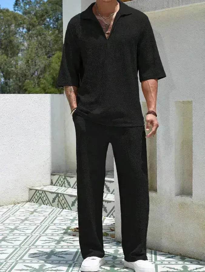 Men's Casual summer 2 piece Pant sets Short sleeved Top and Straight leg pant - www.Shopthatapp.com #