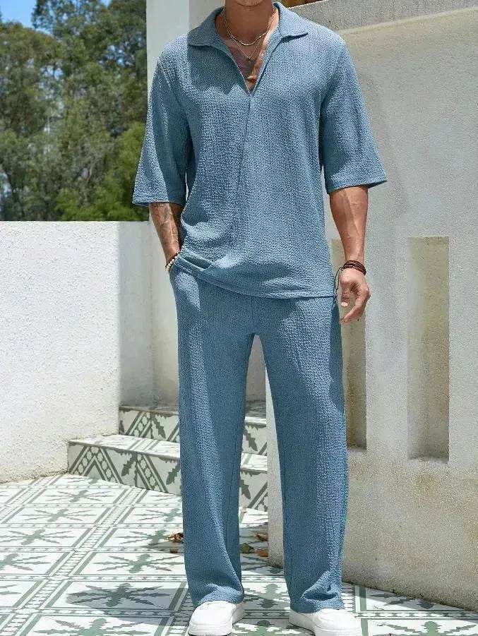 Men's Casual summer 2 piece Pant sets Short sleeved Top and Straight leg pant - www.Shopthatapp.com #