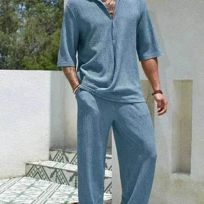 Men's Casual summer 2 piece Pant sets Short sleeved Top and Straight leg pant - www.Shopthatapp.com #
