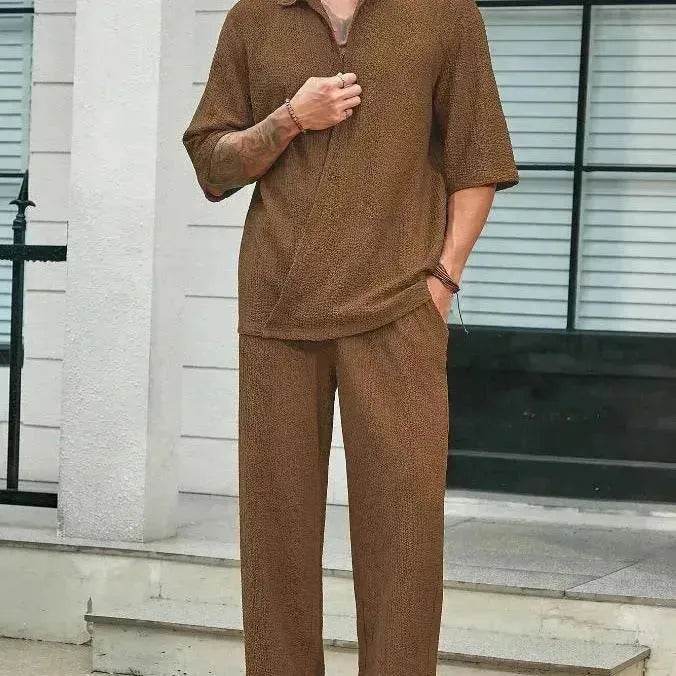 Men's Casual summer 2 piece Pant sets Short sleeved Top and Straight leg pant - www.Shopthatapp.com #