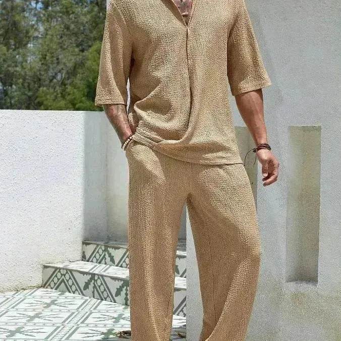 Men's Casual summer 2 piece Pant sets Short sleeved Top and Straight leg pant - www.Shopthatapp.com #
