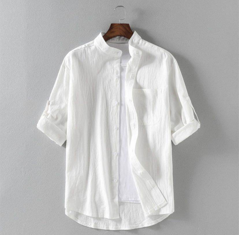 Men's Linen Stand Collar Loose Shirt - www.Shopthatapp.com #
