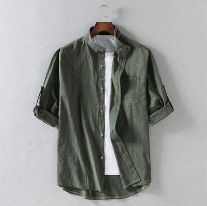 Men's Linen Stand Collar Loose Shirt - www.Shopthatapp.com #
