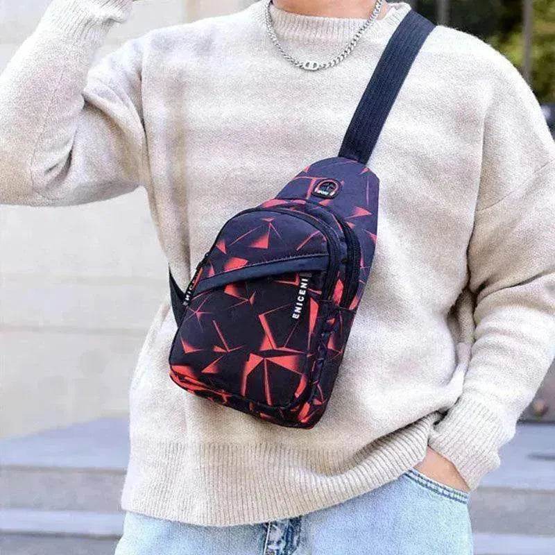 Men's Print Sling Chest & Crossbody Bag With Earphone access Design - www.Shopthatapp.com #