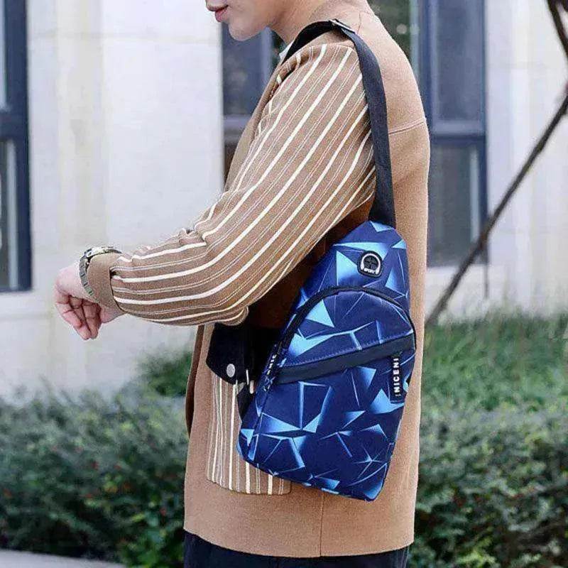 Men's Print Sling Chest & Crossbody Bag With Earphone access Design - www.Shopthatapp.com #