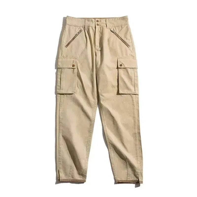 Men's Retro Khaki Tapered Mountain Army Pocket Zipper Casual Pants - www.Shopthatapp.com #