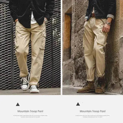 Men's Retro Khaki Tapered Mountain Army Pocket Zipper Casual Pants - www.Shopthatapp.com #