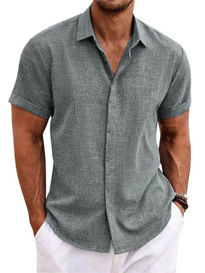 Men's Solid Color Loose Linen Short-sleeved shirt - www.Shopthatapp.com #