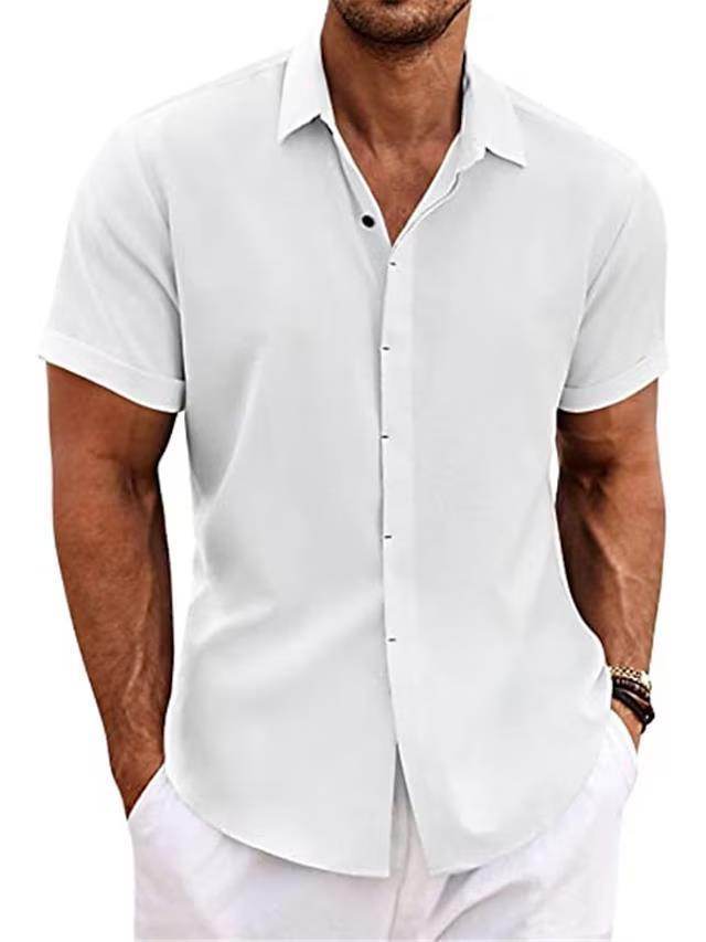 Men's Solid Color Loose Linen Short-sleeved shirt - www.Shopthatapp.com #