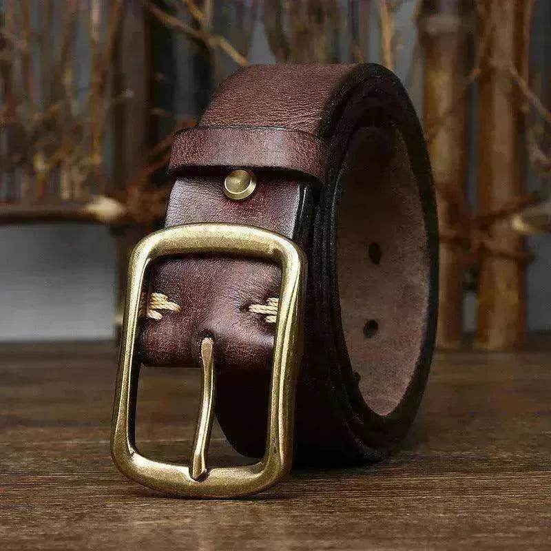 Men's Cowhide Vintage Distressed Pleated Brass Buckle Belt - www.Shopthatapp.com