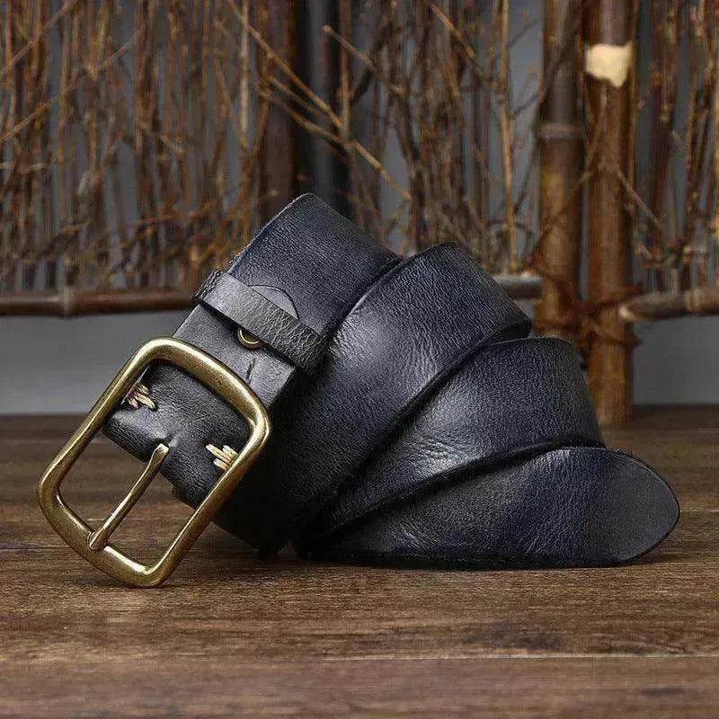 Men's Cowhide Vintage Distressed Pleated Brass Buckle Belt - www.Shopthatapp.com